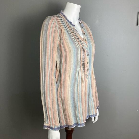 Faherty top small button up peasant madras pastel linen rainbow beachy Baja - Picture 3 of 10